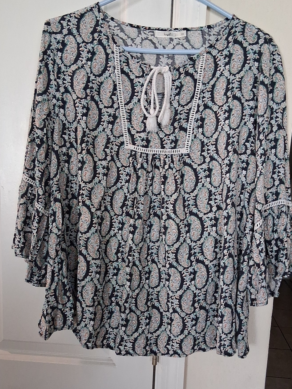 hazel Navy and Cream Paisley Tie-Neck Tunic